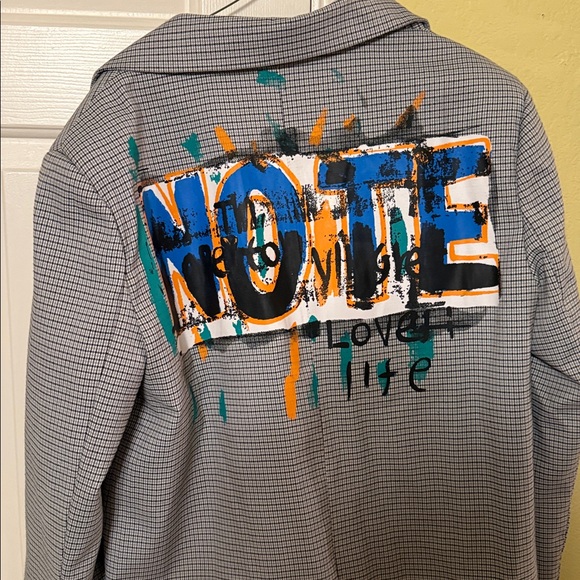 Graphic Checkered Blazer with Bold Text - Picture 2 of 3